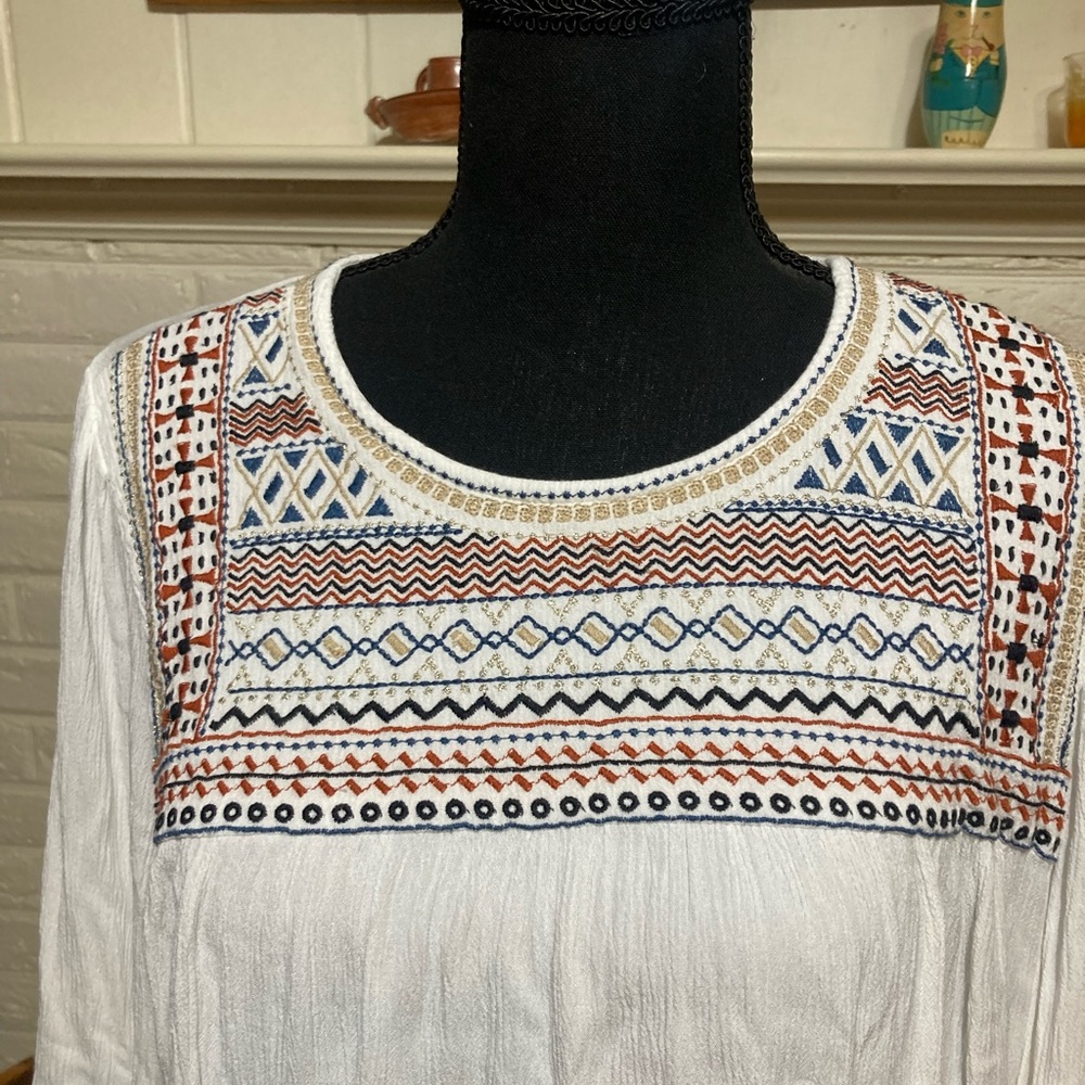 Garnet Hill Boho Peasant Top - White with Multi-Color Accents size
